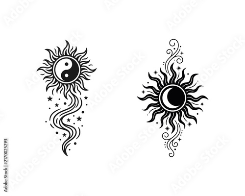 Celestial sun and moon vector set with yin yang symbol, flaming sun rays, crescent moon, celestial swirls overlay