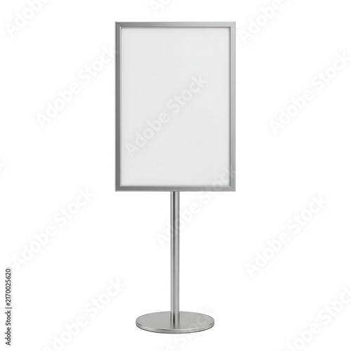 Modern silver metal floor standing poster frame isolated on transparent background for professional presentations