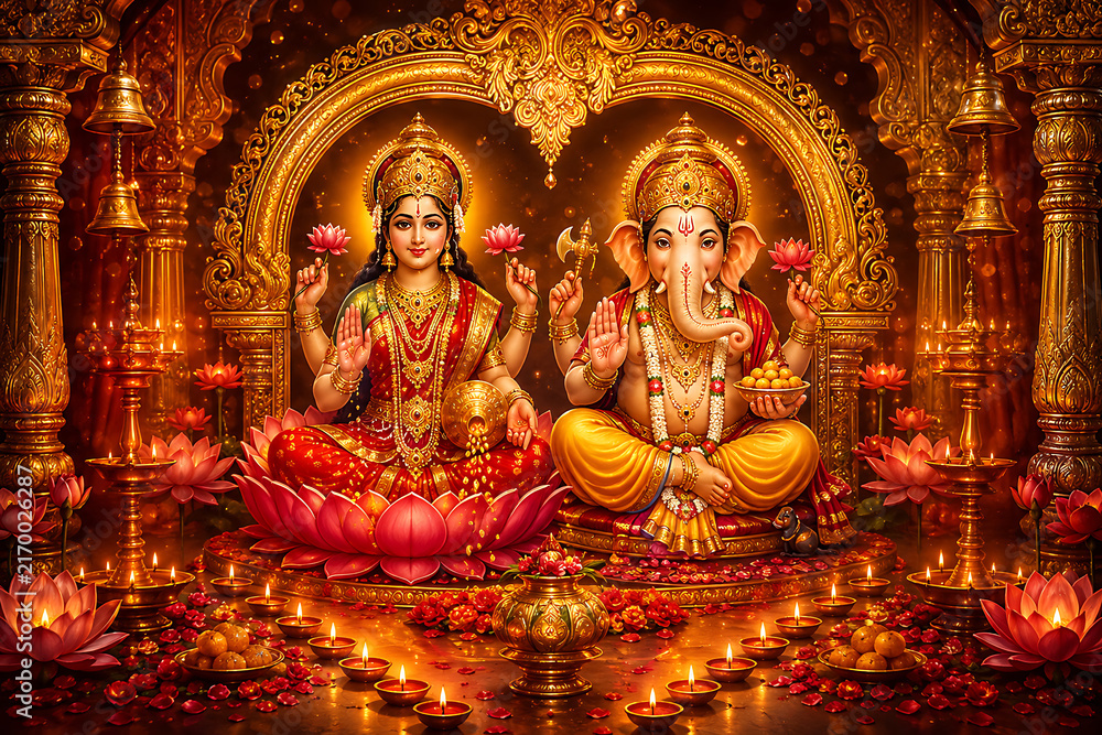 Fototapeta premium Magnificent depiction of Hindu deities Goddess Lakshmi and Lord Ganesha seated on lotuses surrounded by golden arches, hanging bells, lit oil lamps, sweets, and festive decorations.