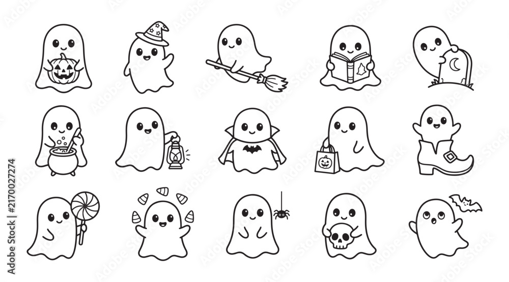 Fototapeta premium Set of cute hand drawn ghost characters performing various activities in a simple black and white line art style