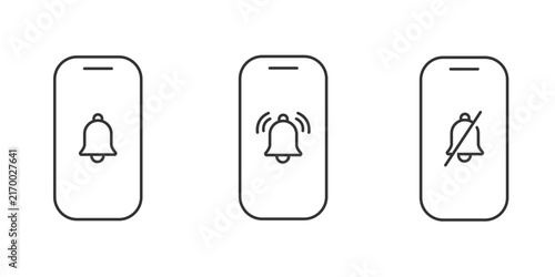 Smartphone notification icon set featuring mobile phone, alert bell, bell ringing and silent mode symbols for modern interface design, vector illustration