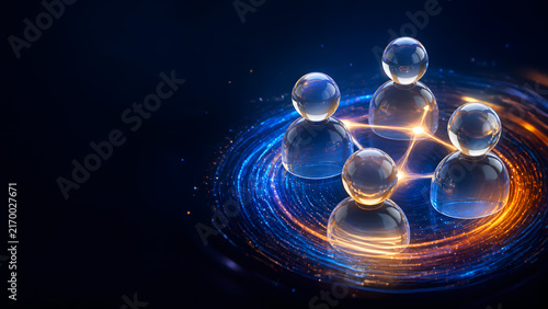 Glowing network of connected glass spheres floating above swirling particle wave on dark background design