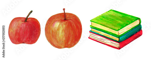 Set Red orange apples and books drawn with watercolor pencils. Vibrant fruit illustration, artistic botanical study, colorful and detailed.