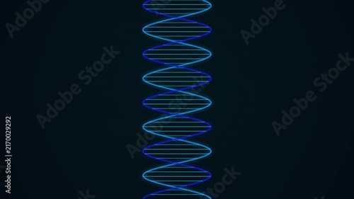 Rotating blue DNA double helix strand animation on dark background for medical science.