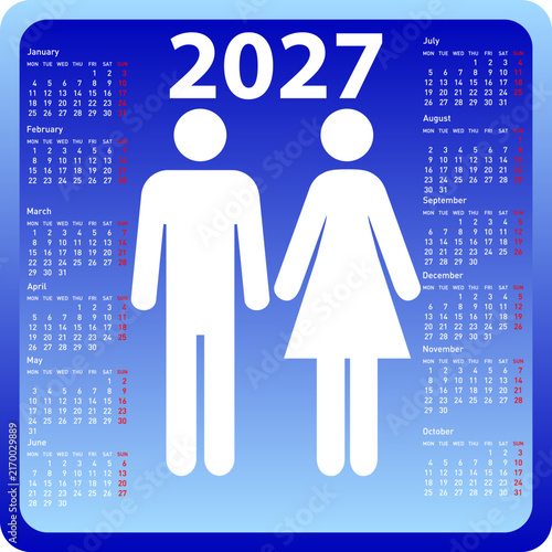 2027 calendar with man and woman silhouettes on blue background