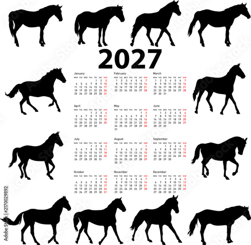 2027 calendar with horse silhouettes on white background