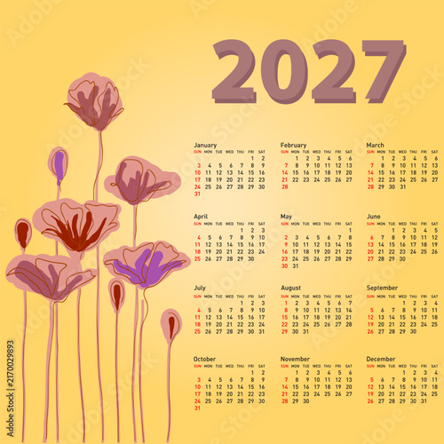 2027 calendar with abstract colorful flowers on orange yellow apricot background