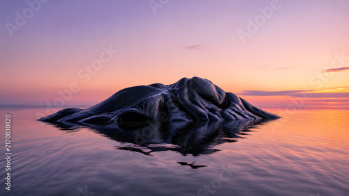 dark rocky island with smooth stone texture floating in calm sea under purple sunset sky
