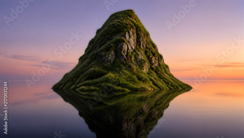 mossy pyramid shaped mountain island floating in calm water under warm orange sunset sky and horizon