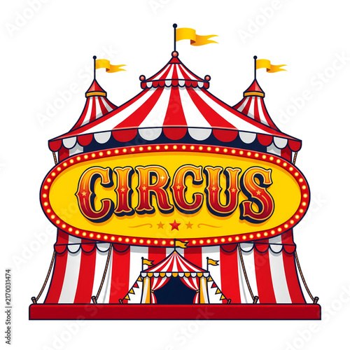 Vector illustration  circus tent sign with striped fabric, marquee lights, stars, and bold vintage-inspired typography isolated on a transparent background.