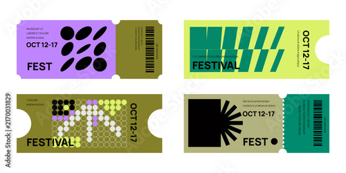 Modern festival ticket template collection featuring bold geometric shapes, abstract patterns, vibrant colors, and minimalist typography. Editable vector designs for music events, festivals, concerts.