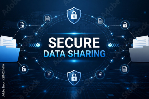 Blue digital illustration of protected document exchange, featuring lock shields, file folders, connected nodes and a global network background.