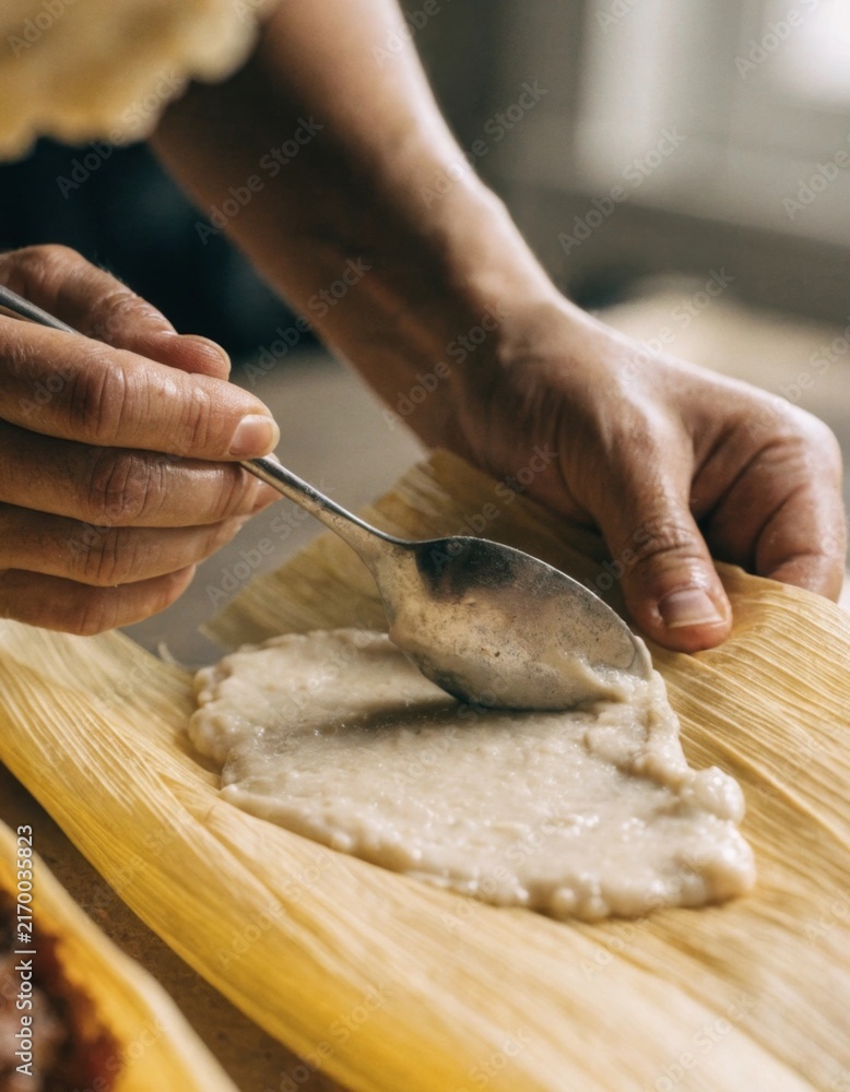 Fototapeta premium Hands applying masa onto corn husk for authentic tamale making honoring latin american culinary heritage and rich cultural traditions