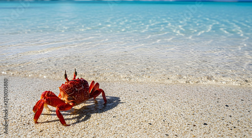 Small red ghost crab walking on a sandy tropical beach