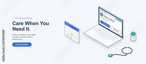 Digital healthcare and online medical consultation landing page template. Isometric laptop showing appointment screen, calendar widget, stethoscope and pill bottle. Vector graphic box.