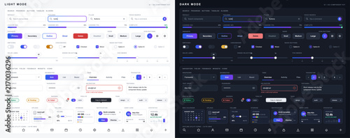 UI UX component kit template in light and dark mode. Comprehensive web dashboard interface layout elements set with buttons, fields, search bar, dropdowns and statistics widgets. Vector set.