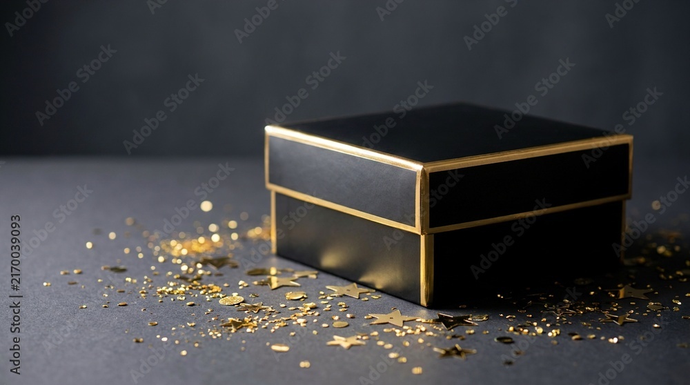 Fototapeta premium Black gift box with gold confetti and stars