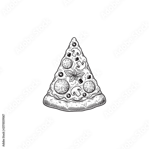 Vintage engraved slice of pizza with mushrooms, pepperoni and basil vector illustration