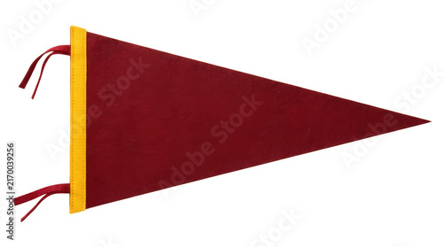 Blank maroon felt pennant flag with yellow trim isolated on transparent background