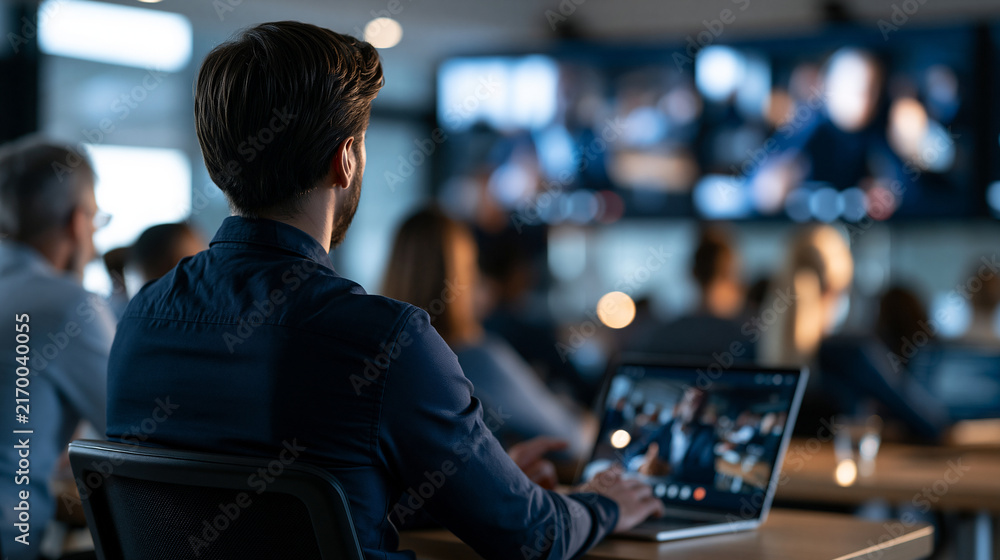 Fototapeta premium Students seen from behind participating in modern hybrid learning in a bright classroom viewing virtual classmates on large monitors interactive digital education concept clean