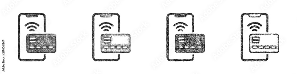 Fototapeta premium Sketch monochrome mobile payment icon design set