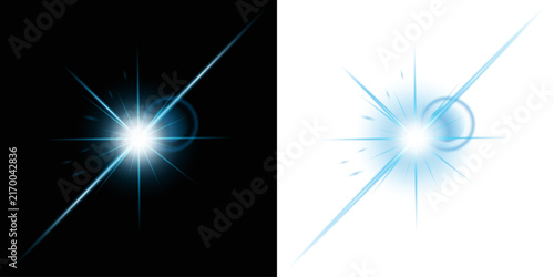 Blue sparkle light effect isolated on transparent background. Glowing icy blue light. Shining star, light spark with rays. Light sparkle bling effect, overlay glowing explosion png effect
