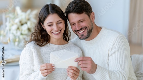 Couple in cozy sweaters joyfully reading wedding invitation at elegantly set dining table with floral centerpiece in bright indoor setting