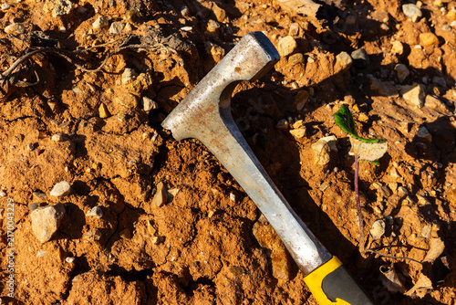Foto Rugged steel geological hammer resting on dry cracked desert earth during field