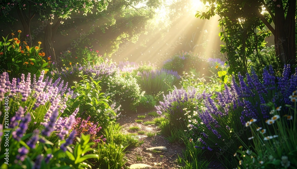 Obraz premium Radiant Healing Herb Garden With Shimmering Dew and Magical Light Trails, Wellness Retreat Concept