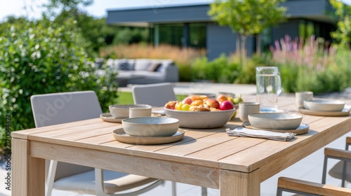 Wooden outdoor dining table set with plates, bowls, and a fruit bowl filled with apples and pastries in a modern backyard setting with greenery and a house