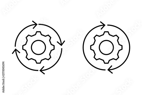 Canvastavla Black line icons of gear wheels with circular rotating arrows for process and se