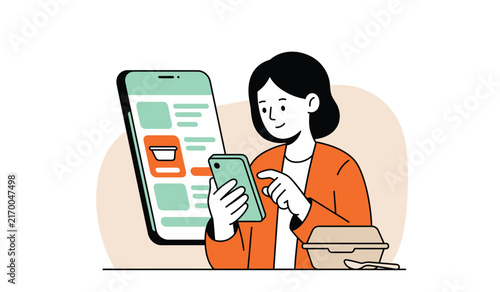 Woman ordering food online flat illustration, girl using food delivery app on smartphone vector, woman with takeout box ordering meal illustration