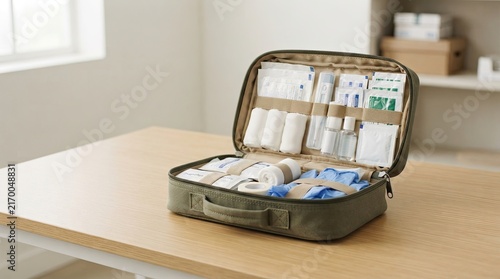 Obraz w ramie Open first aid kit with medical supplies on wooden table