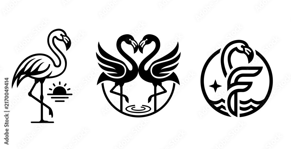 Fototapeta premium Tropical Flamingo Birds and Love Vector Icon Set