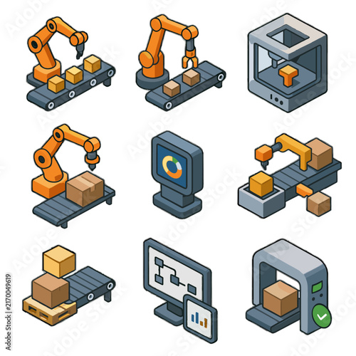 Scanner icons automated sorter production system device robotic arm icon printer assembly