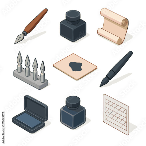 Parchment calligraphy paper nib tools pad vector ink pen icon icons set