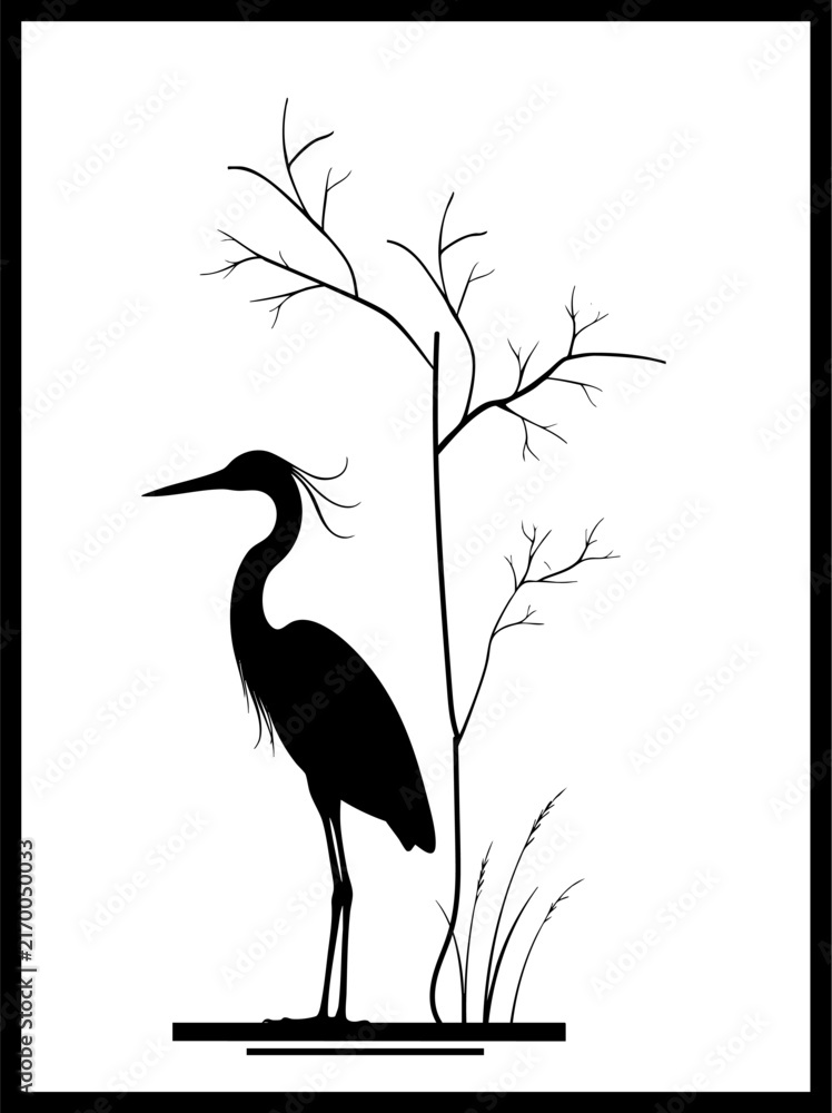Naklejka premium Minimalist black silhouette wall art poster with a heron bird, bare tree, and reeds inside a framed border