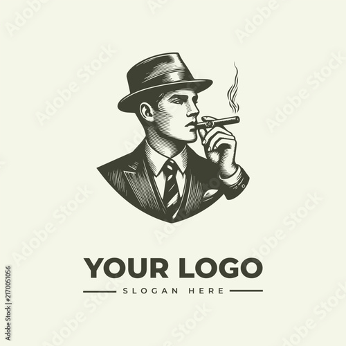 Vintage style illustration of a gentleman wearing a hat and smoking a cigar.