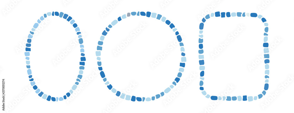 Fototapeta premium Blue antique stone mosaic circle and rectangle frame. Decorative Greek oval border. Abstract brick mosaic frame. Rome rock border. Design element. Vector illustration isolated on white background.