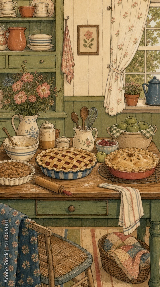 Naklejka premium Vintage kitchen scene with pies, perfect for a cozy mobile wallpaper.