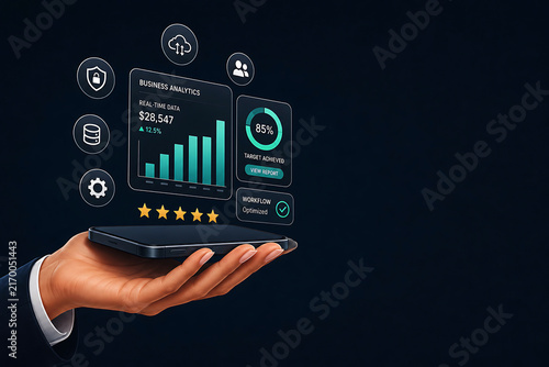 Businessman holding a smartphone displaying business analytics dashboard with bar charts, growth percentages, and five star rating system
