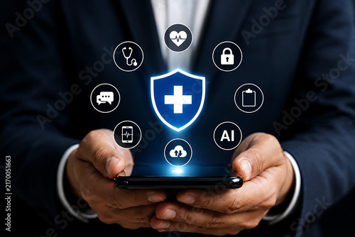 Businessman holding a smartphone with a glowing medical shield surrounded by healthcare, security, and technology service symbols