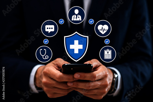 Businessman holding a smartphone with glowing blue medical shield and various healthcare service symbols floating above the device screen