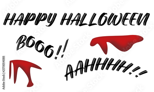 Quadro su tela Happy Halloween texto manuscrito con letras negras, Booo y Aahhh, y manchas de s