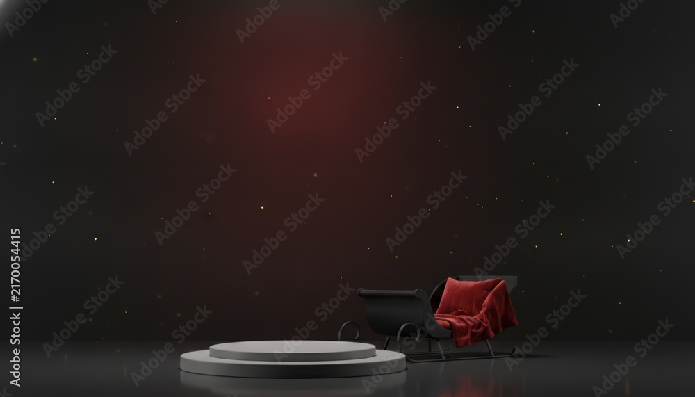 Fototapeta premium Empty round podium with a small black christmas sleigh and red blanket on a dark background with gold sparks