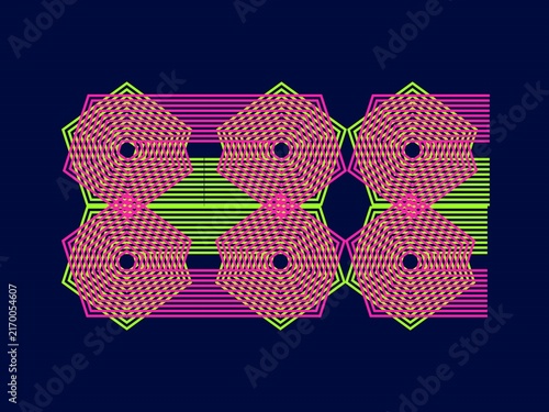 Intersecting Hexagonal Net Pattern, Multi-layered Lines, Pink & Green Mesh, Abstract Modern Art, Digital Graphics.