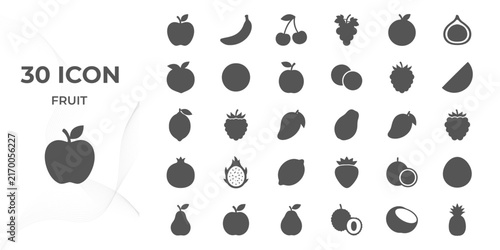 Minimalist 30 Fruit Icons Set – Fresh Fruits, Healthy Food, Organic Produce and Nutrition Solid Vector Collection