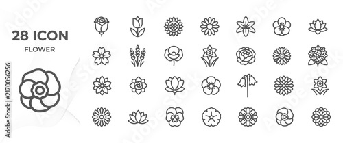 Minimalist 28 Flower Icons Set – Floral, Botanical, Garden and Nature Outline Vector Collection