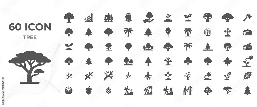 Obraz premium 60 Tree Icons Set, Minimalist Nature and Forest Tree Symbols Collection in Flat Vector Style for Ecology, Forestry, Environment, Gardening and Outdoor Design