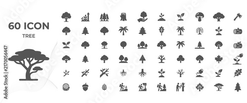 60 Tree Icons Set, Minimalist Nature and Forest Tree Symbols Collection in Flat Vector Style for Ecology, Forestry, Environment, Gardening and Outdoor Design